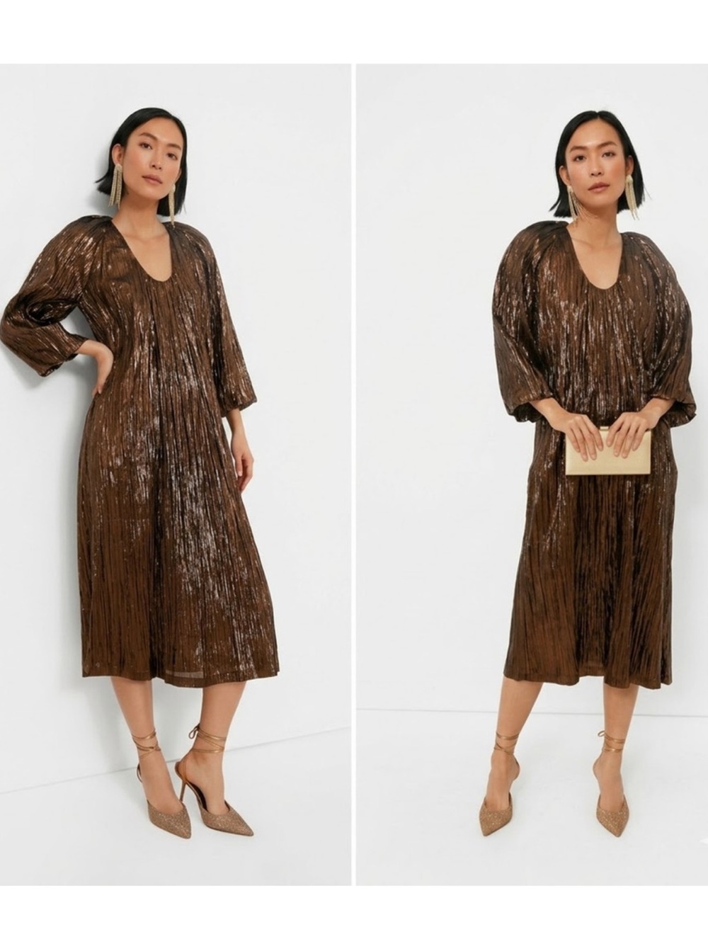 HYACINTH HOUSE Bronze Metallic Plisse Dorinda Midi Dress Size XS TUCKERNUCK $228